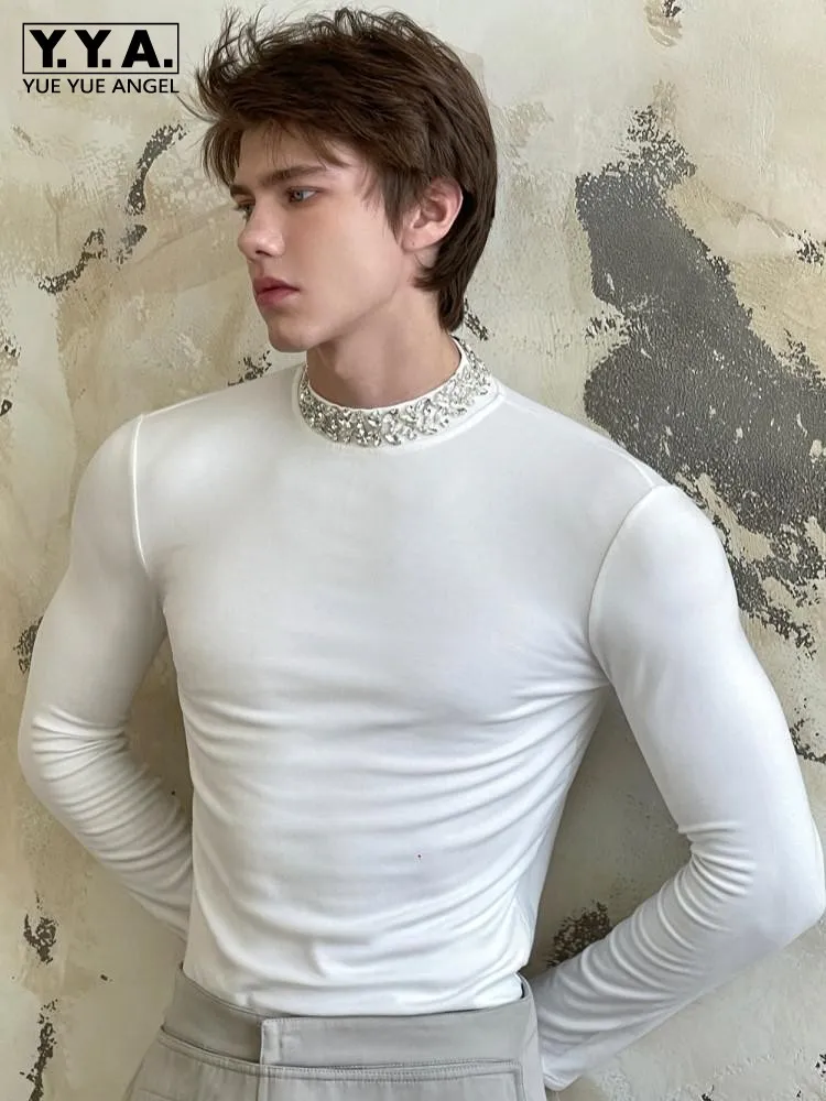 

Fashion Mens Slim Fit Shiny Diamonds Collar Tees Tops Long Sleeve Skinny Pullover T-Shirt Designer Handmade Crystal Party Top