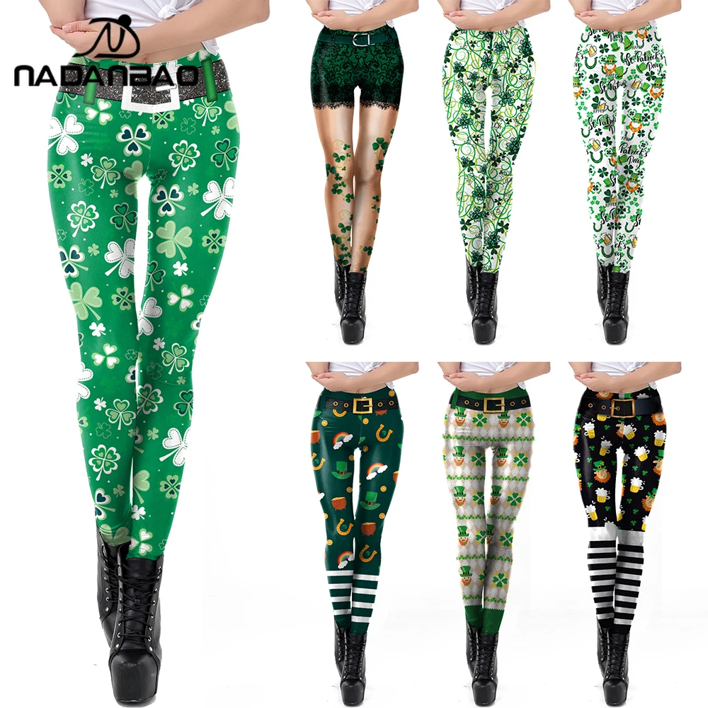 

Nadanbao Women‘s Horseshoe Shamrock Print Leggings St. Patrick's Day Clover Trousers Mid Waist Green Pants Gym Fitness Tights