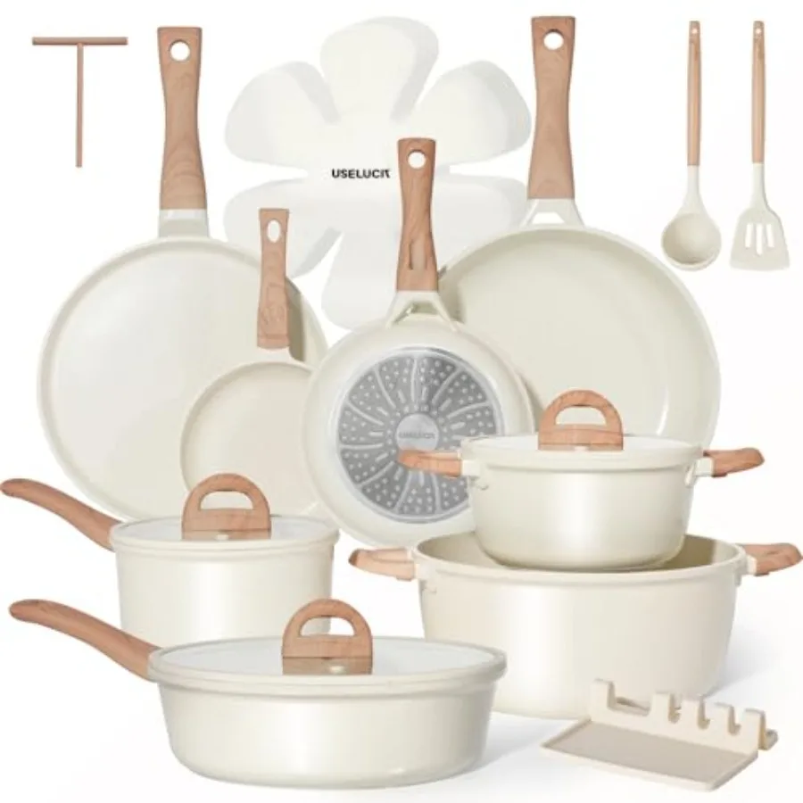 

Pots and Pans Set Non Stick Non-Toxic 22 Pcs ic Cookware Sets Nonstick Kitchen PotandPan With Lid Cream White Granite Induction