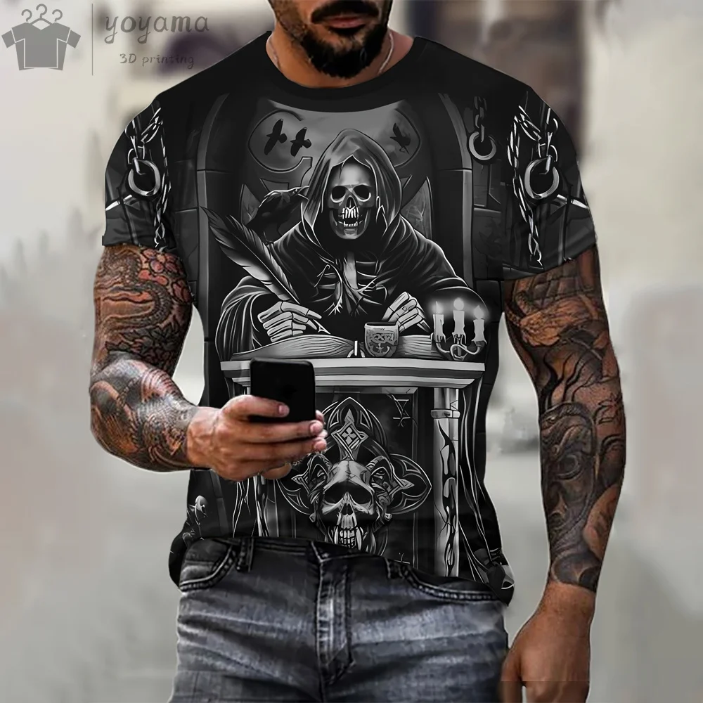 Men\'s Hip Hop Skull Print T-Shirt 3D Fashion Short-Sleeved Tee O-Neck Oversized T-Shirt Horror Skull Print T-Shirts for Men Tops