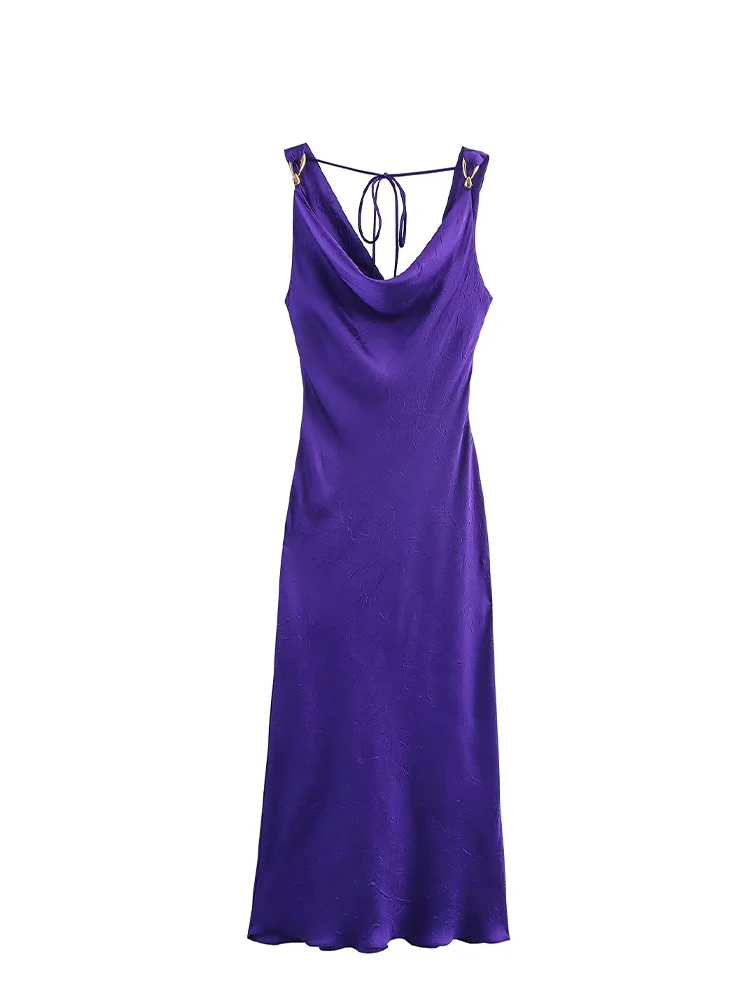 

HH Women's Fashion Silk Satin Sexy Backless Underwear Midi Sling Dress Female Temperature Simple Slim Bow Lace-up Long Dress