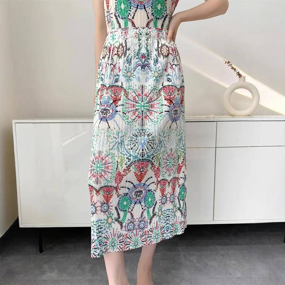 Miyake Pleated Dress Set 2025 Summer New Pleats Print Bustier Dress  Plus Size Women's Loose Fold Party Dresses Original Design