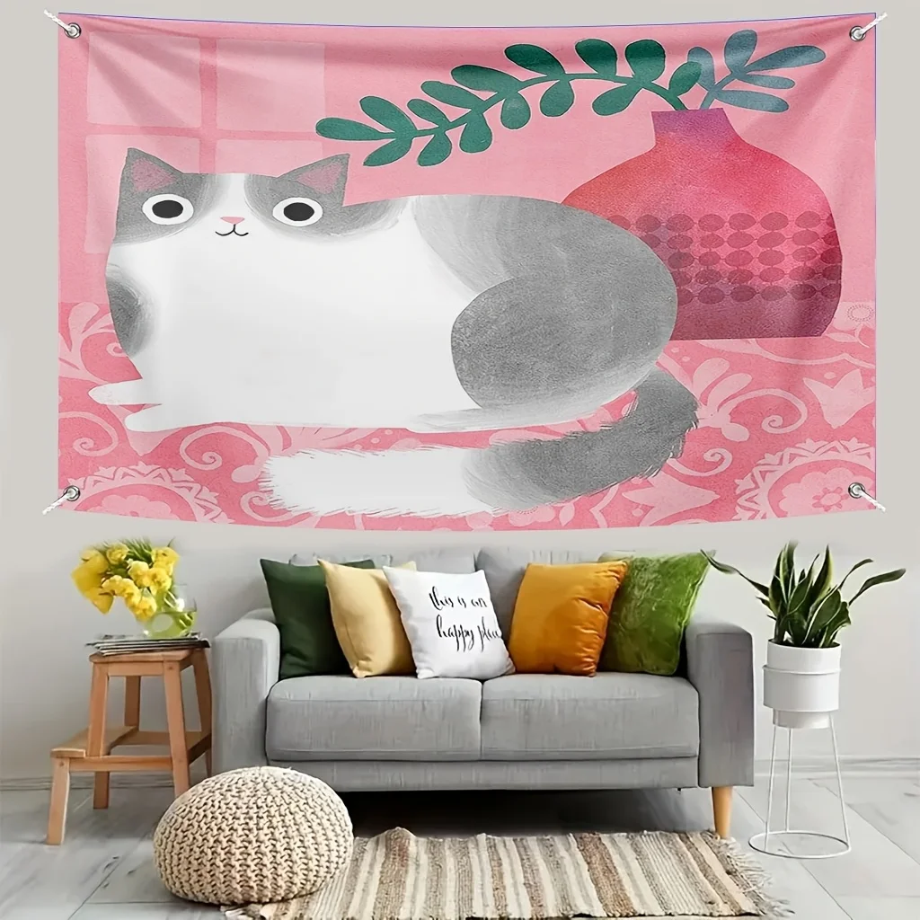 Cozy Cat Nap Tapestry - White Kitten Sleeping on a Pink Textured Blanket Wall Hanging for Living Room, Bedroom Decor - Serene
