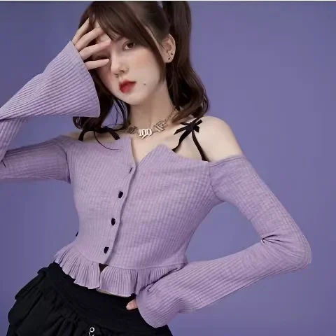 

Sweet Cardigan For Women Y2k Solid Color Slash Neck Top Female Flare Sleeve Slim Ruffles Crop Tops Casual Purple Women's Clothes