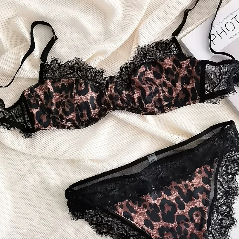 Sexy luipaard damesondergoed ultradun zonder pad beha kanten rand verzameld grote maat lingerieset bralette