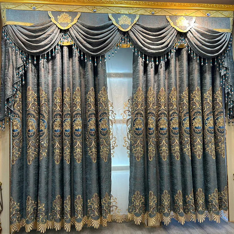 Custom luxury high-grade palace chenille embroidered villa blue grey cloth blackout curtain tulle valance drape C1857