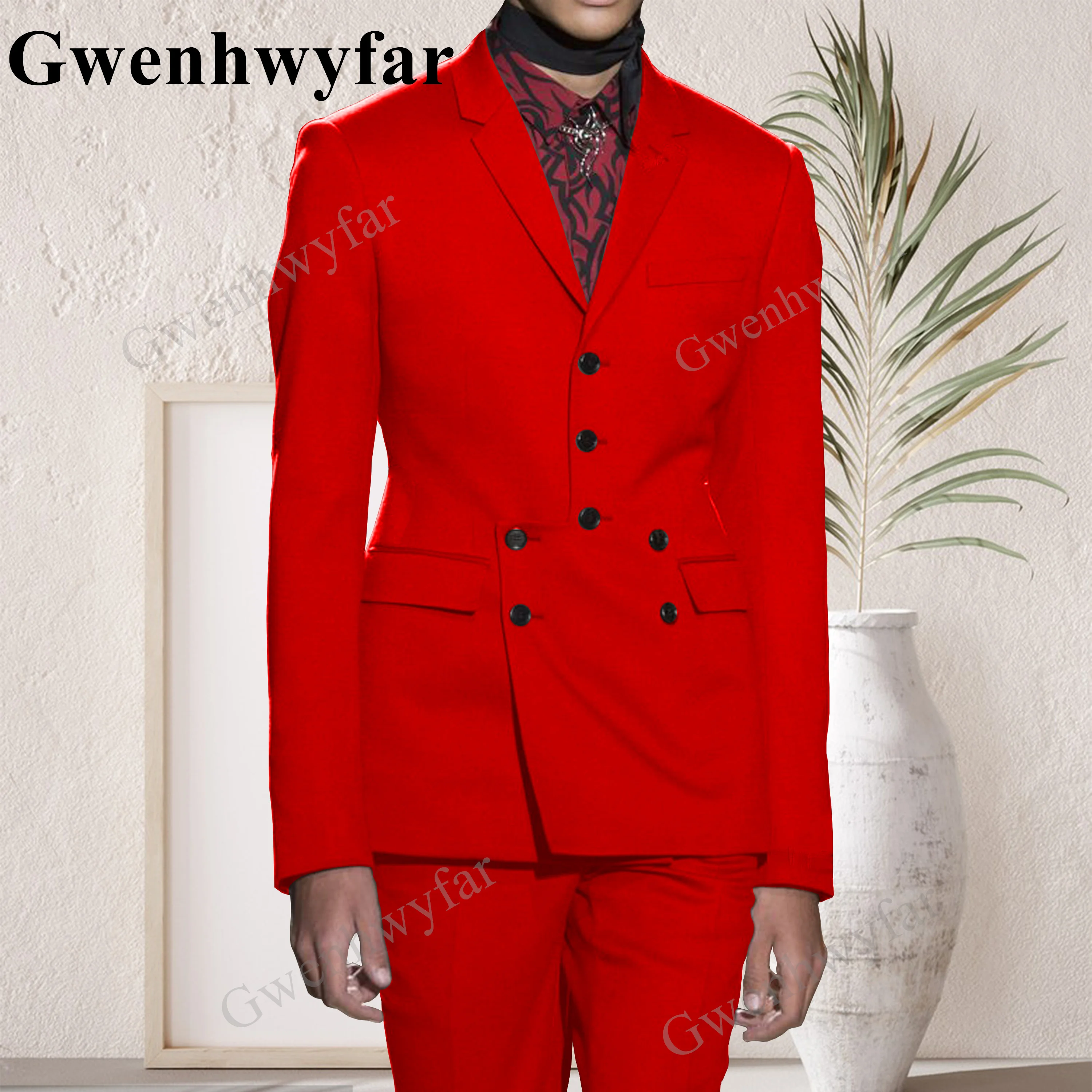 

Gwenhwyfar Red 2 Pieces Suit Set Blazers Jacket Pant 2023 Fashion New Men Casual Boutique Business Wedding Host Slim Fit Costume