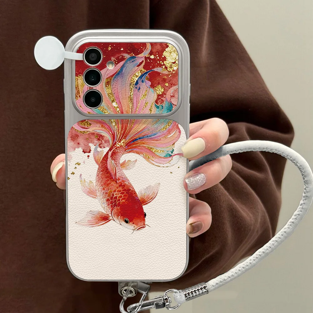 Rote Fisch-PU-Leder-Handyhülle für Samsung A57 A37 A27 A17 A07 A36 A56 A55 A16 S26 Ultra S24 FE S25 Plus mit Lanyard, weiche Abdeckung