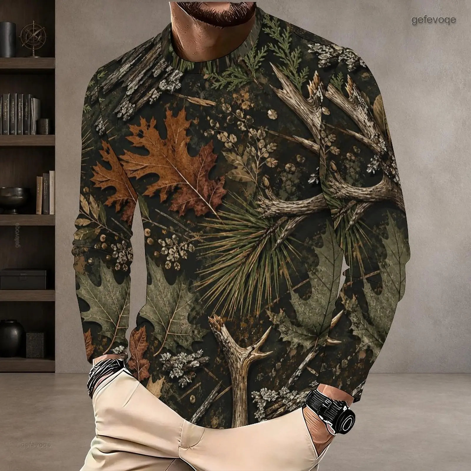 Men Woodland Leaf Antler Printed Round Neck Long Sleeve Pullover T-Shirt