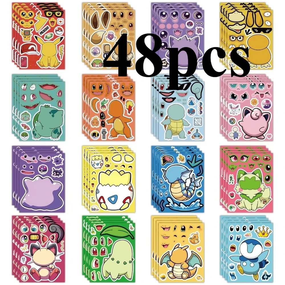 8/32pcs Pokemon Make A Face Puzzle Stickers Pikachu Charizard for Kids Make Your Own DIY Game Children Cartoon Jigsaw Toys Gift