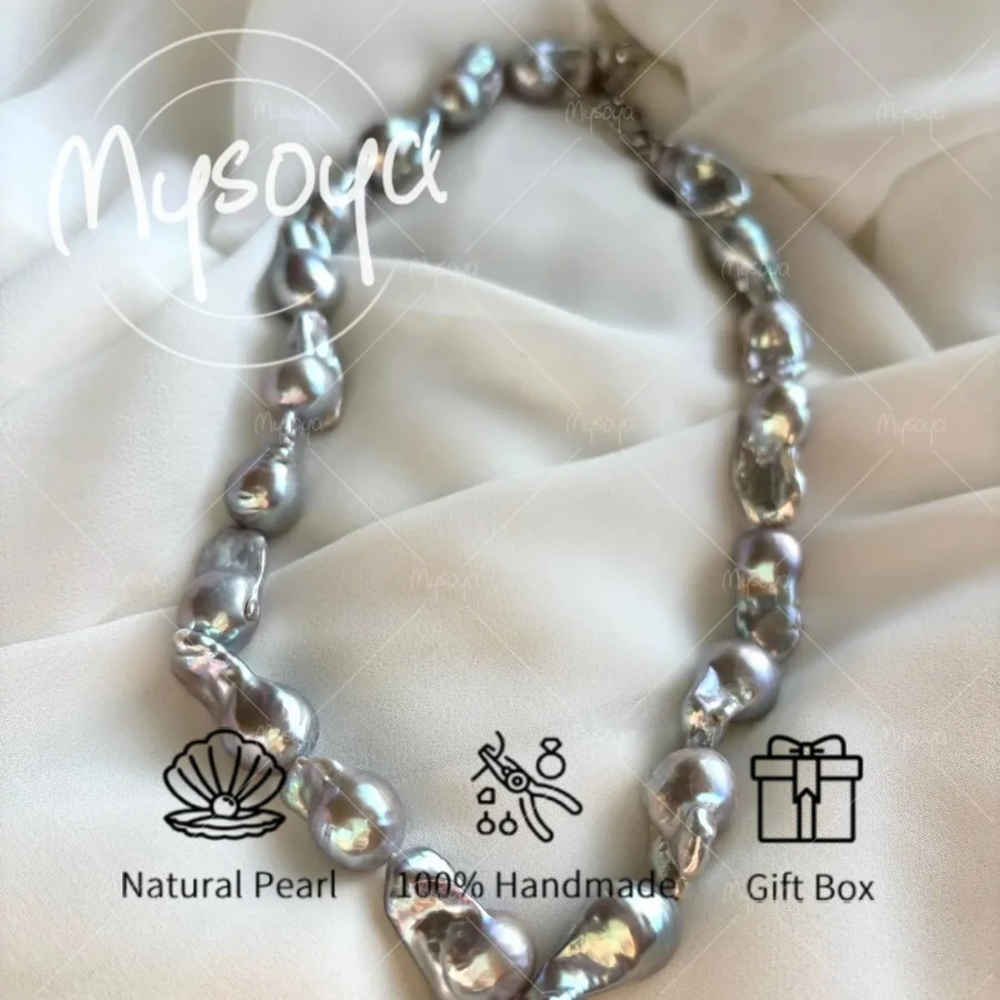 

MYSOYA Large Gray Freshwater Baroque Pearl Necklace 13-16mm Pearls with Gift Box Birthday Gift Wedding Jewelry for Him/ Her