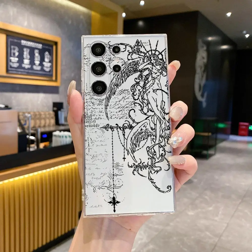 Simple Line Phone Case For Samsung Galaxy S26 Ultra S25 FE S24 Gothic Style Angel Cross S23 S22 Plus S25 Edge transparent Cover