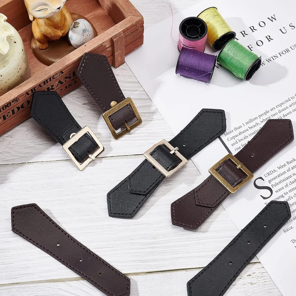 4 Sets Leather Sew-On Toggles Closures Black & Brown PU Leather Snap Toggle Sew On Duffle Jacket Buckle Metal Leather Clasp