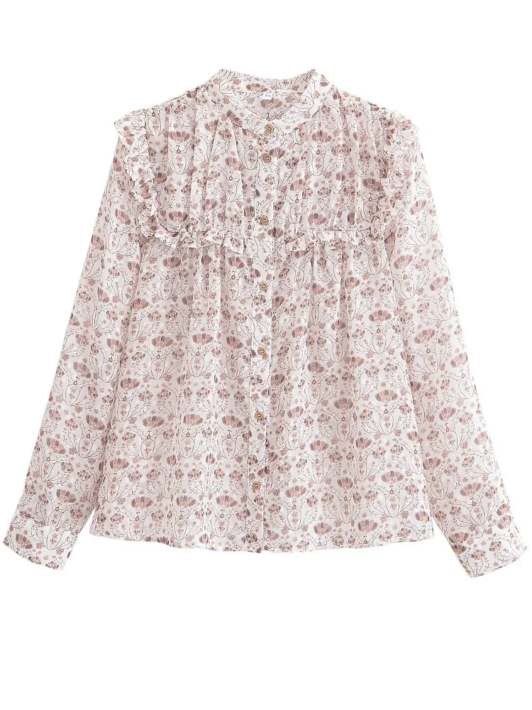 

European style new women's fashion versatile temperament tulle printing long-sleeved round neck single-breasted shirt