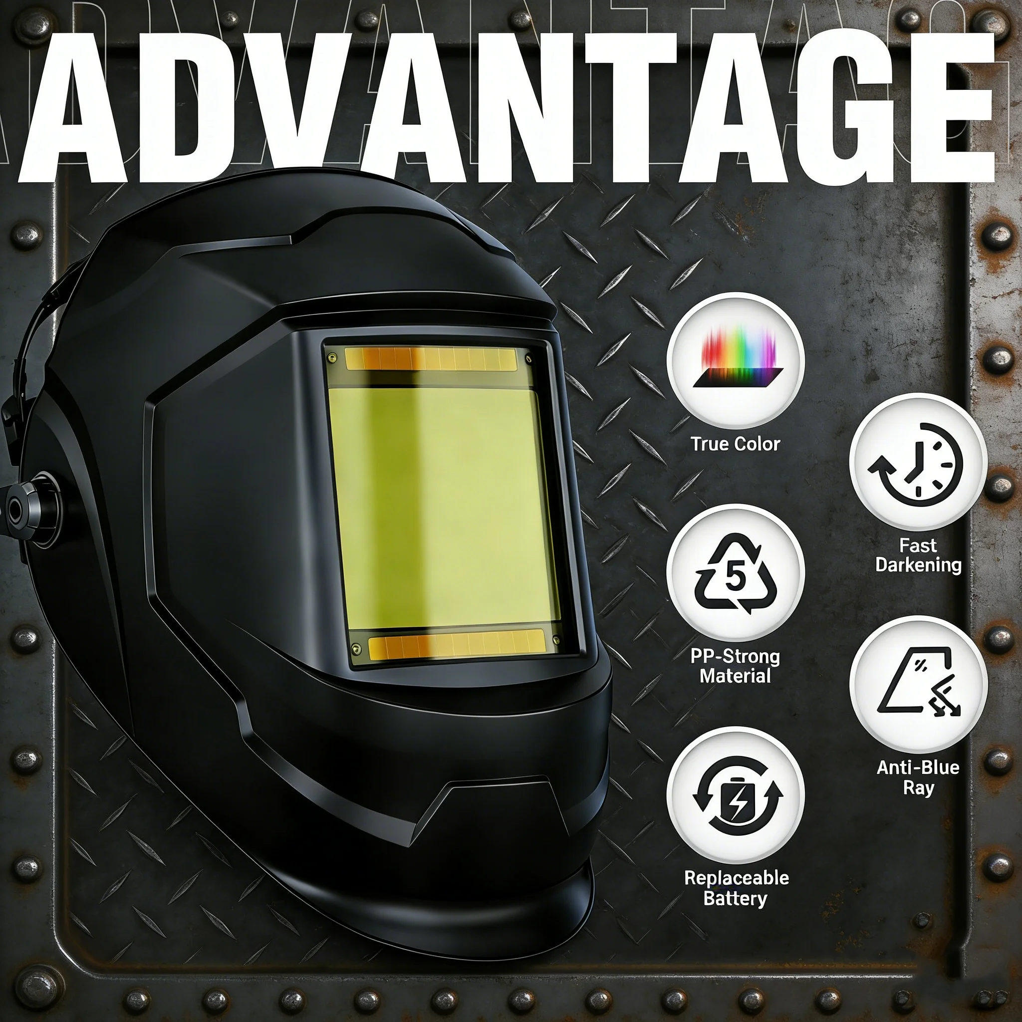 Large view 10 cm x 9.3 cm true color automatic darkening welding helmet with light, solar welding hood,4 arc sensors wide lampsh