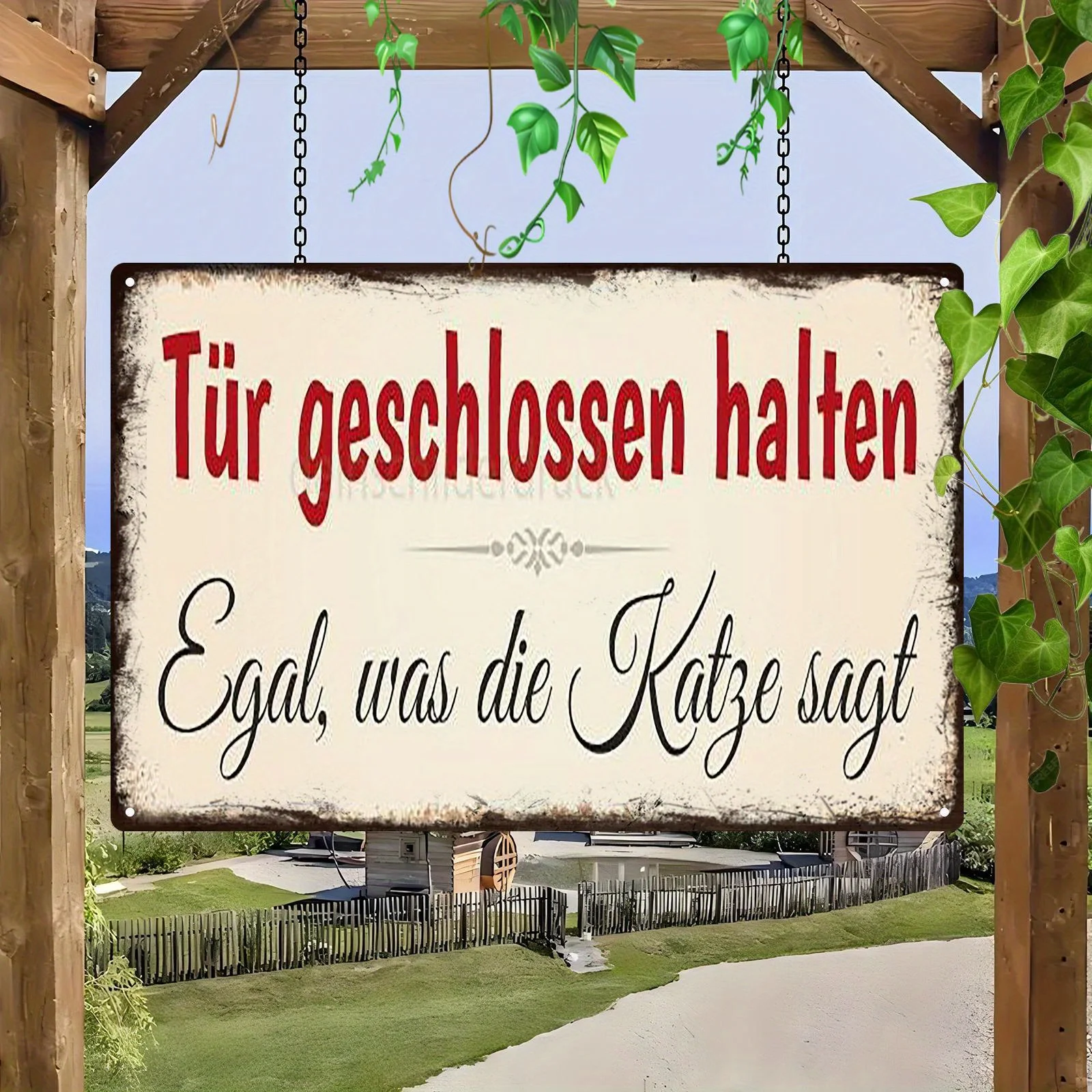 2D Flat Aluminum Poster And Printed Item in Retro Style,'Keep The Door Closed, No Matter What The Cat Says' in German.