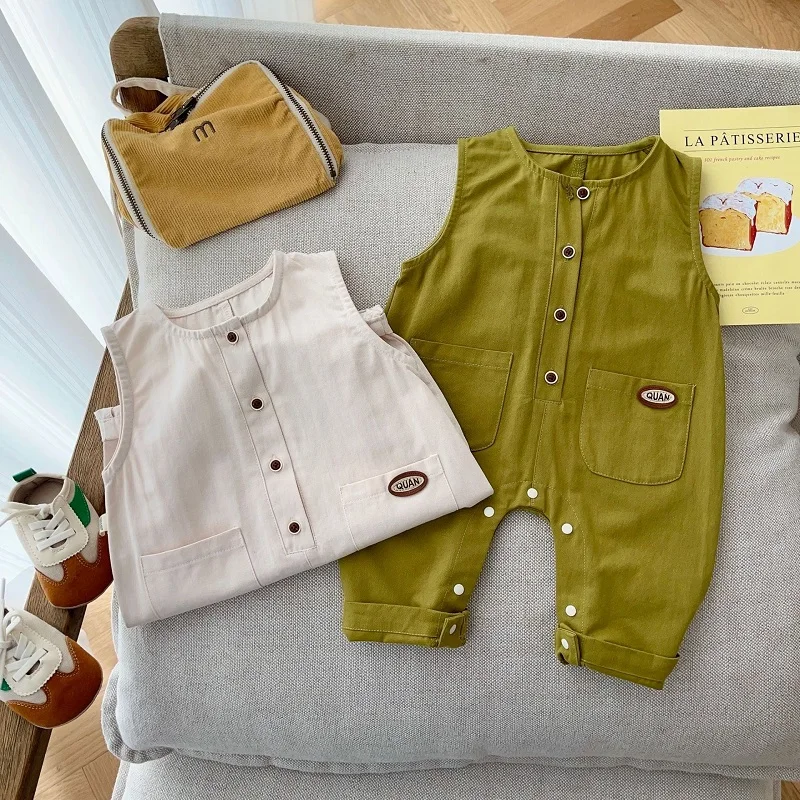 2023 Autumn Korea Style Newborn Baby Boy Girl Clothes Sleeveless Pocket Cargo Romper Jumpsuit Simple Playsuit Outwear 0-2Years