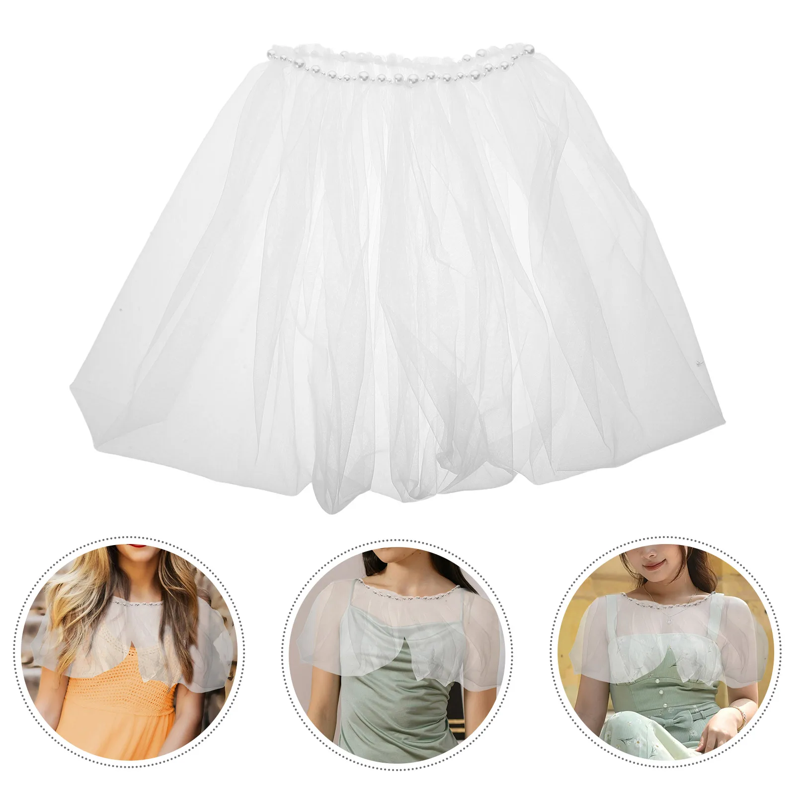 

White Bridal Tulle Shawl With Fake Pearls Lightweight Wedding Cape Wrap For Formal Gowns Universal Fit Breathable Mesh Fabric