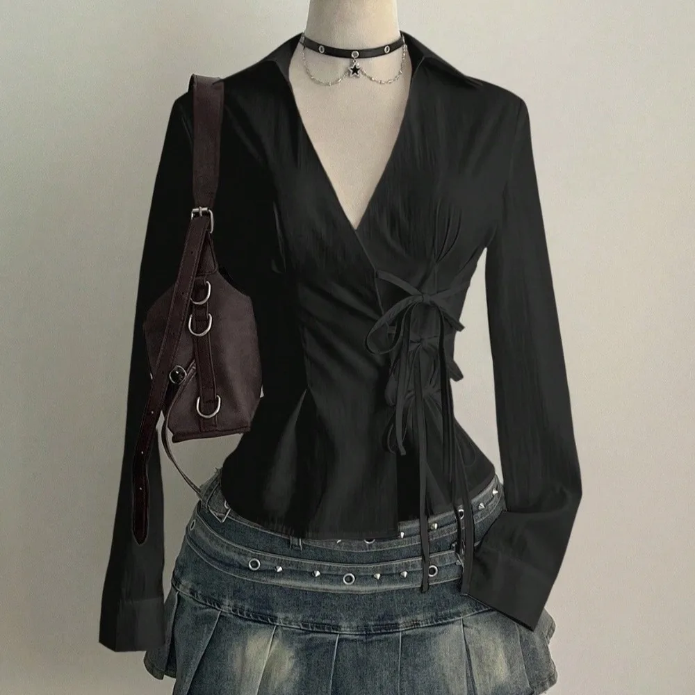 

Sweet Long-sleeved Slim Fit Shirt Harajuku Y2K Office Aesthetic Blouse V-neck Waist Up Cardigan Top Spring Summer