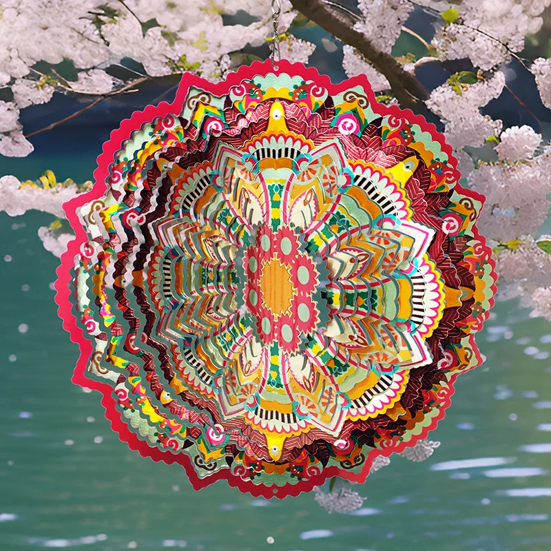 PSATHENAT Wind Spinner Mandala Lucky Star Pink 12in 3D Stainless Steel Art Geometric Pattern Hanging Kinetic Yard Art Decoration