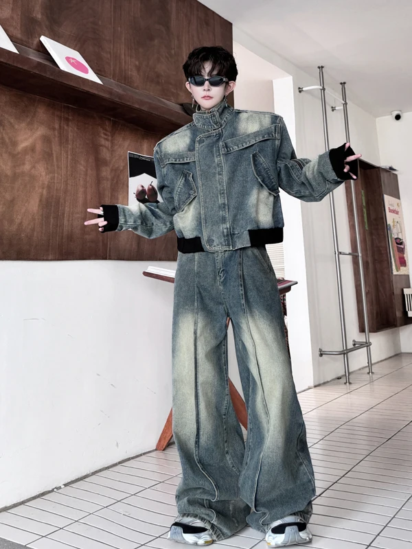 2025 الرجال الخريف جديد قطعتين مجموعات النمط الأمريكي شارع العليا العصرية 2 قطعة الذكور الوقوف طوق الدنيم الستر فضفاضة واسعة الساق السراويل