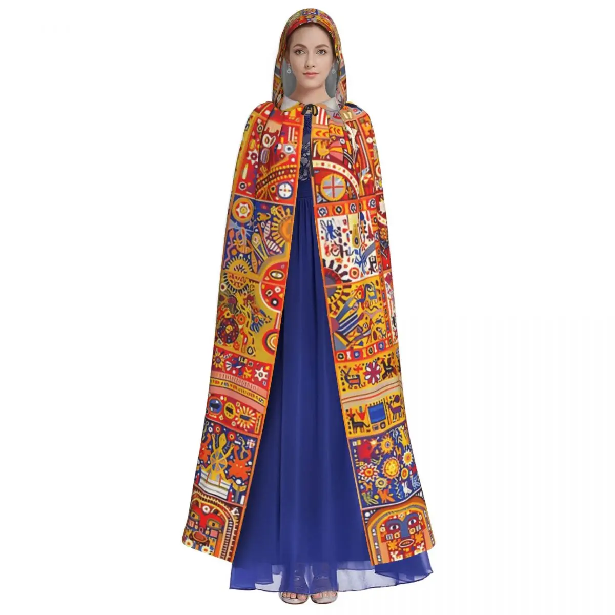 HUICHOL TILES Jubah Panjang Berkerudung Penyihir Kostum Abad Pertengahan Cosplay Cape Pesta Halloween Dewasa Unisex