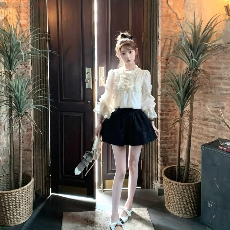 أنيقة الحلو لوليتا نمط البلوزات النساء Kawaii القوس الكشكشة طويلة الأكمام الأميرة قميص Vintage الإناث الكورية بلوزات على الموضة Blusas