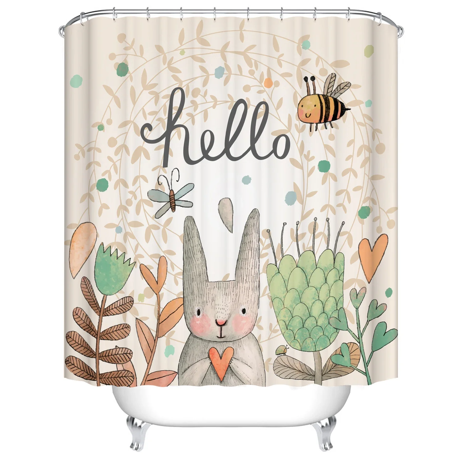 

Cartoon Animals Rabbit Blood Hand Nordic Tower Bathroom Shower Curtain Frabic Waterproof Polyester Bath Curtain with Hooks