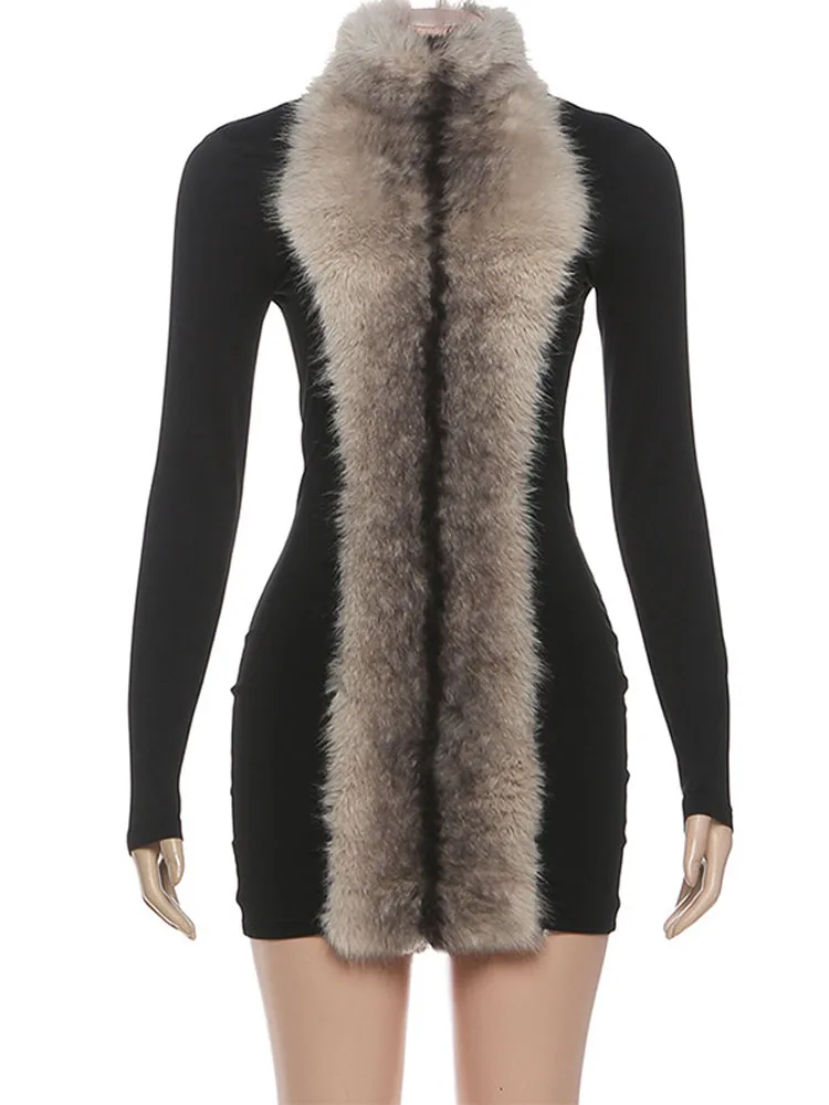 MCDV Sexy Pelzigen Patchwork Rollkragen Mini Kleid Frau Stretch Dünne Lange Hülse Hohe Taille Elegante Klassische Party Prom Kleider