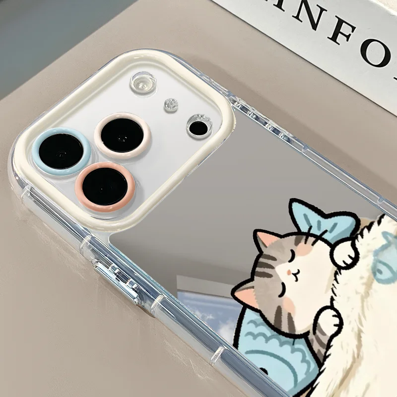 Cartoon Cute Kitten Fish Healing Creative Mirror Phone Case For iPhone 17 Air 16 15 Pro Max 14 13 12 11 XR X 7 8 Plus Y2K Cover