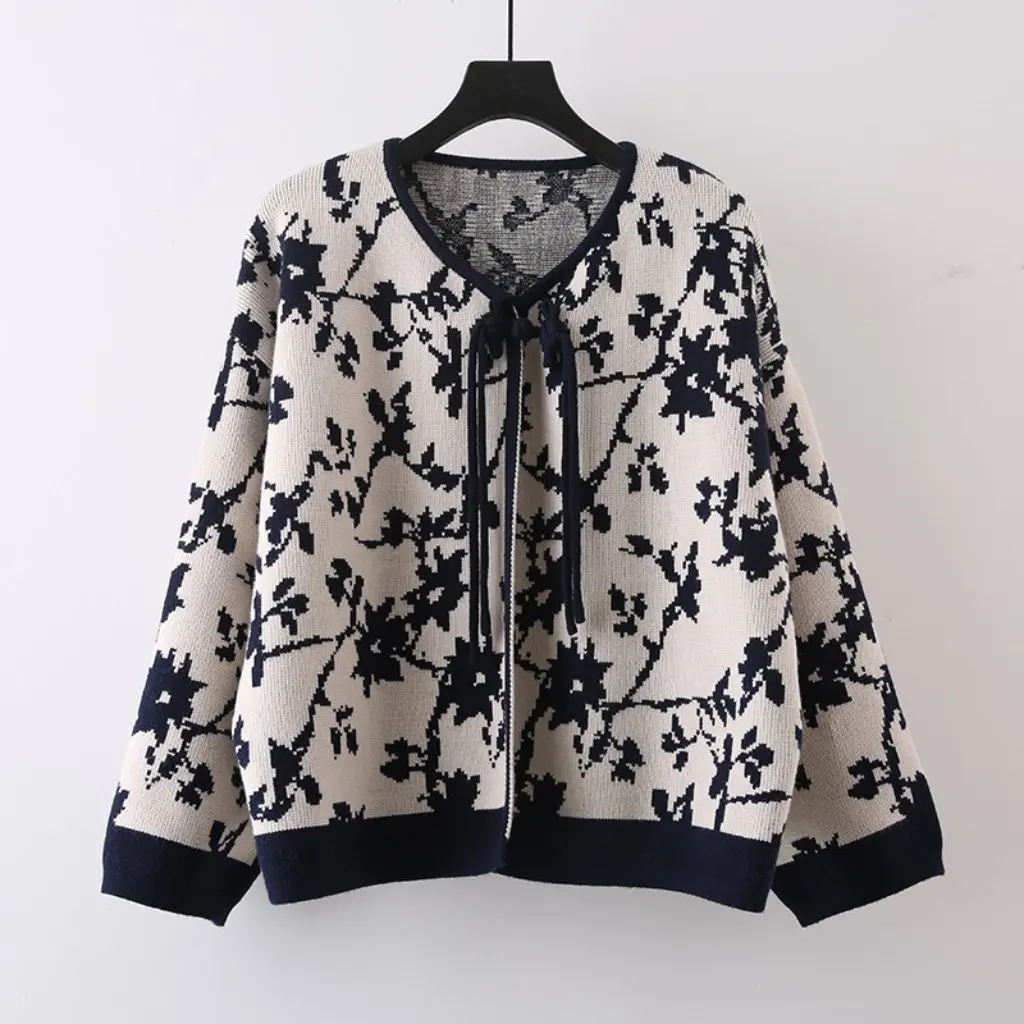 봄 신상 여성 일본 예술적 빈티지 자카드 가디건 브이넥 니트 스웨터 재킷 루즈 레이지 스타일