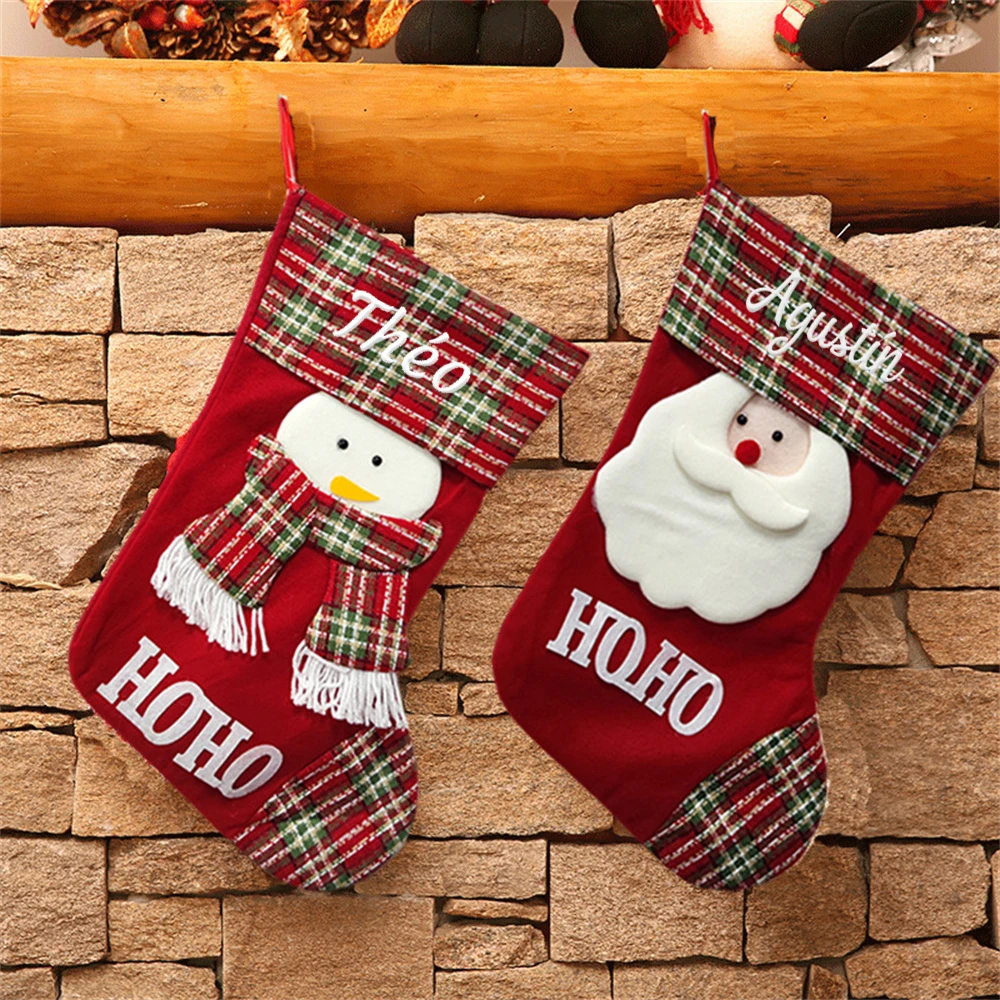 

New Christmas Plaid Socks Christmas Decoration Personalized Name Santa Claus Snowman Socks Christmas Tree Pendants Stockings