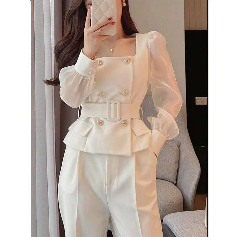 Spring Autumn Office Lady Elegant Fashion Double Breasted Belt Blazer Top Wide Leg Pants Set Women\'s Clothing Female White Suit