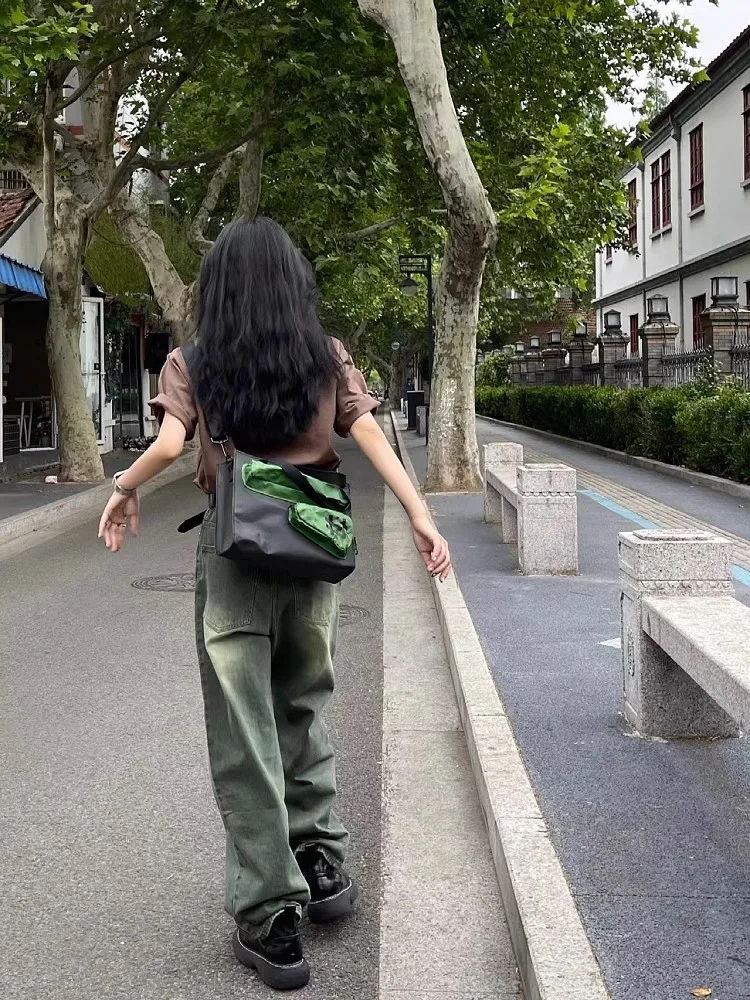 

Retro Green Denim Jeans Women's Autumn Winter New Large Size Fat MM Straight Leg Slim Loose Wide Leg Floor Length Pants