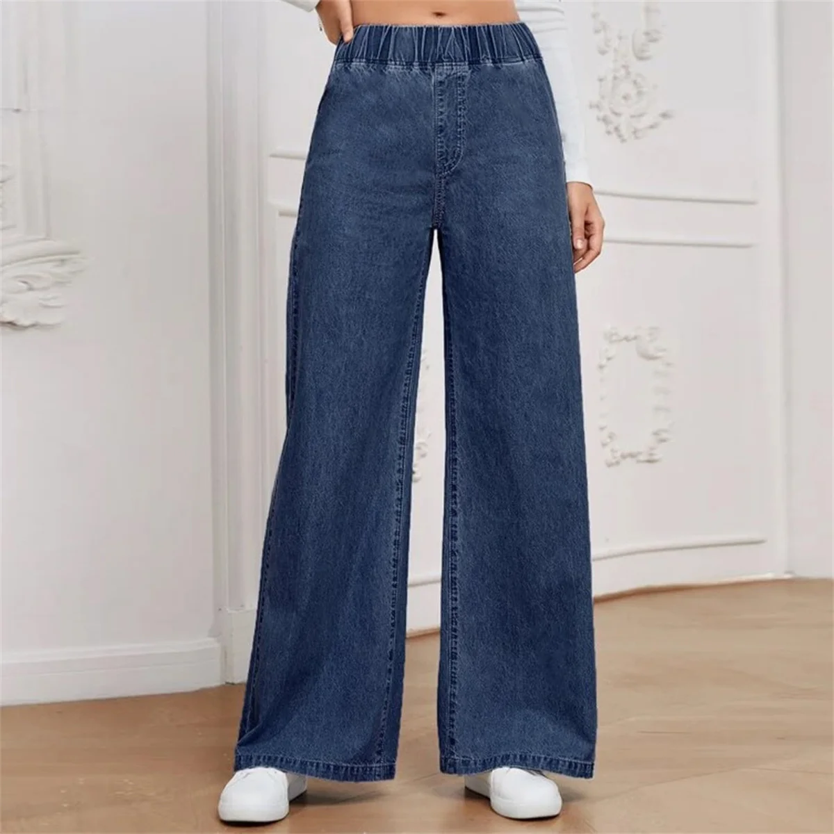 Women Fashion Vintage Denim Jeans High Elastic Waist Solid Pants Female Street Y2K Casual Trousers Lady Autumn Spring Chic Pant