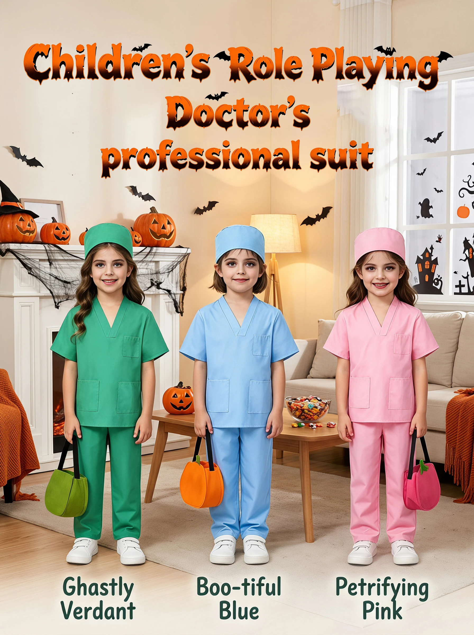 Three-Color Doctor Four-Piece Set Children's Role-Playing Costume, Halloween Funny Costume Props, Includes Mask, Hat, Top, and Pants. Children's Halloween Party Horror Doctor Costume Props, Novelty Costume Props. Hallo