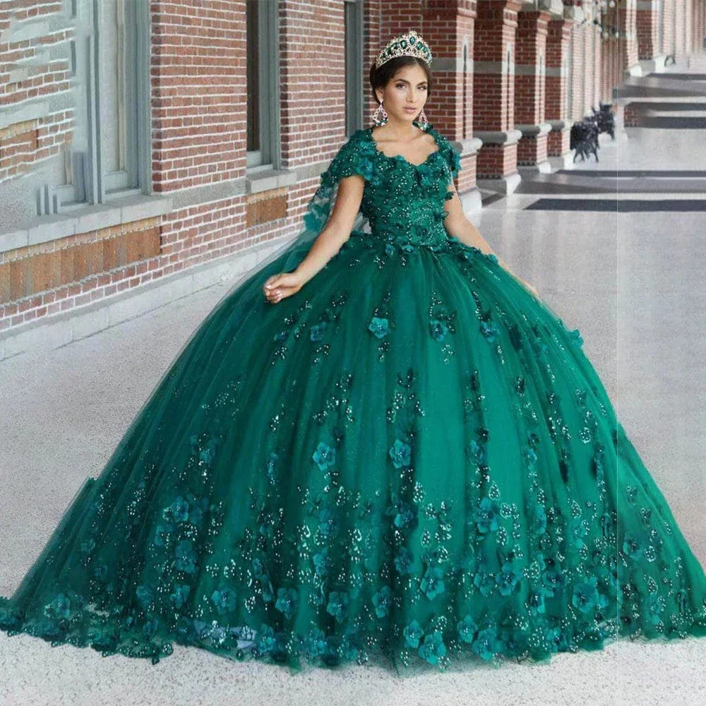 Smaragd-Jägergrüne Blumen-Vestidos de 15 Años Quinceañeras Kleider 2024, 3D-Blumen, Perlen, luxuriöse Geburtstags-Prinzessin-Ballkleider