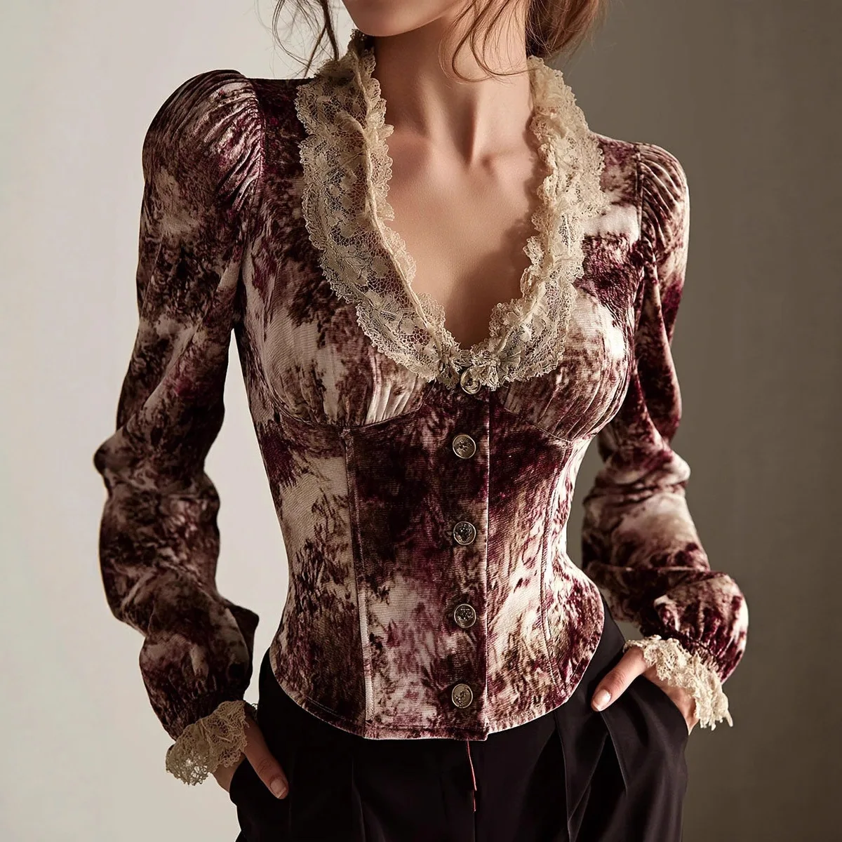 

Velvet Top Women Lace Trim V Neck Long Puff Sleeve Button Front Ruched Bust Slim Fit Blouse Vintage Printed Elegant Party Blouse