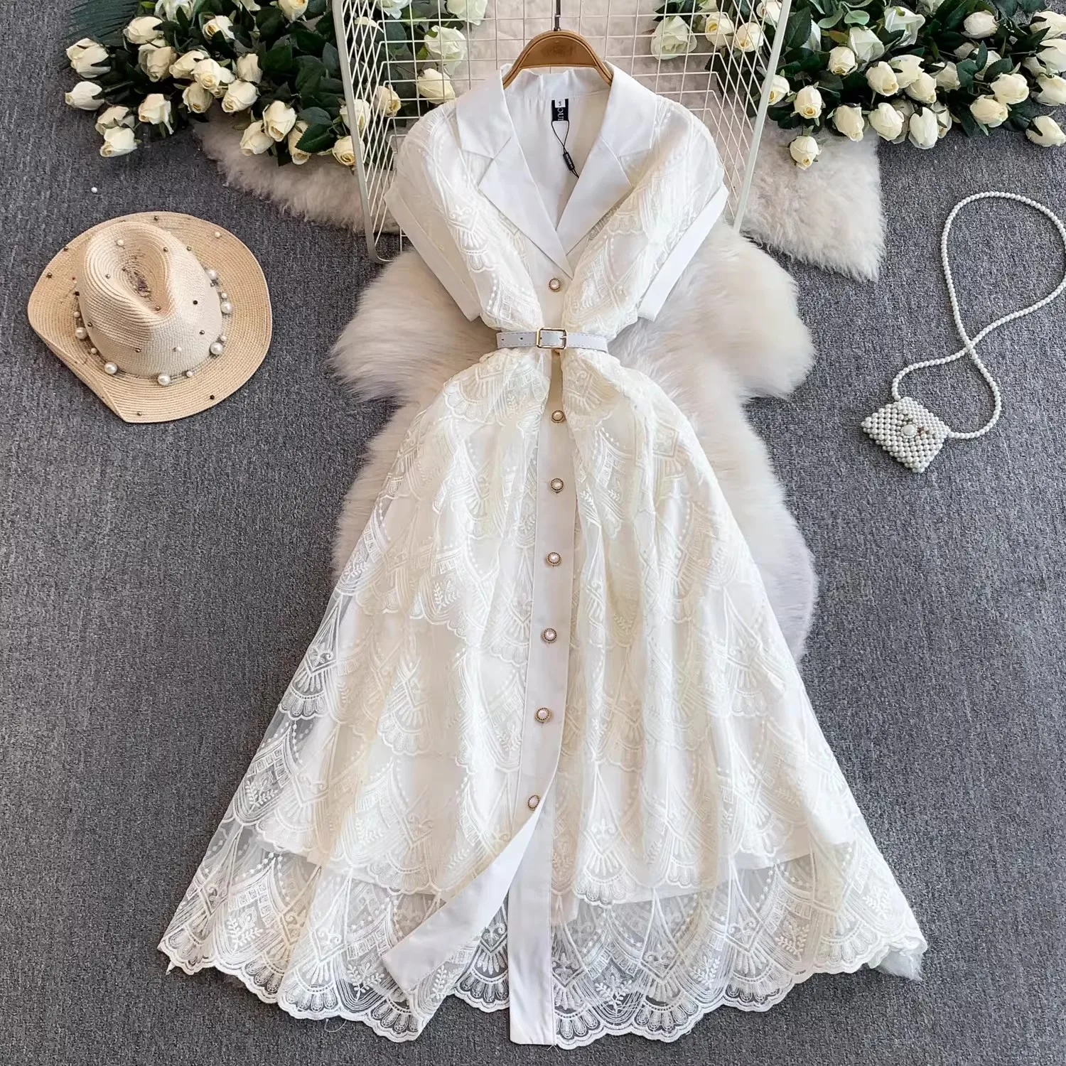 

2026 New Summer Lace Embroidery Turn Down Collar Short Sleeve Single Breasted Belt Hollow Out Office Party Women Dreses