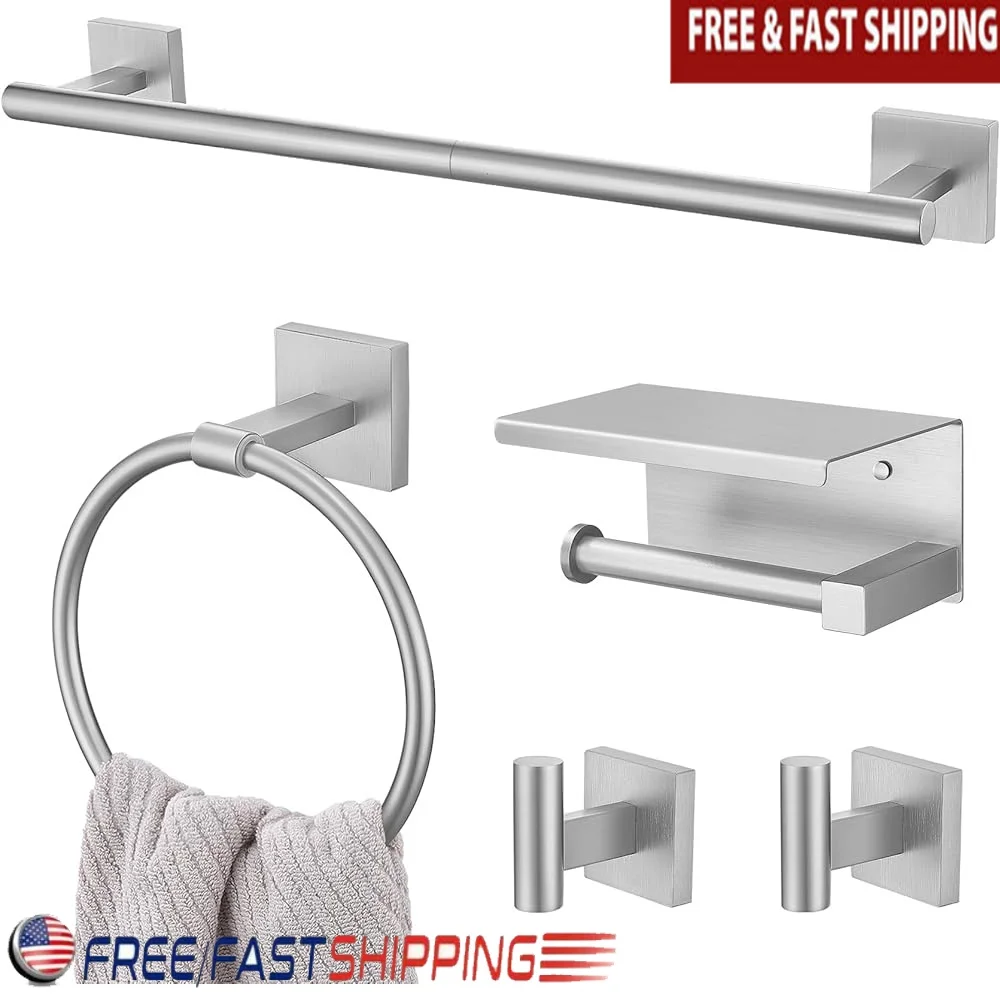 

5PCS Towel Bar Set Stainless Steel Bathroom Hardware Toilet Paper Holder Towel Ring Hooks Easy Install Matte Finish