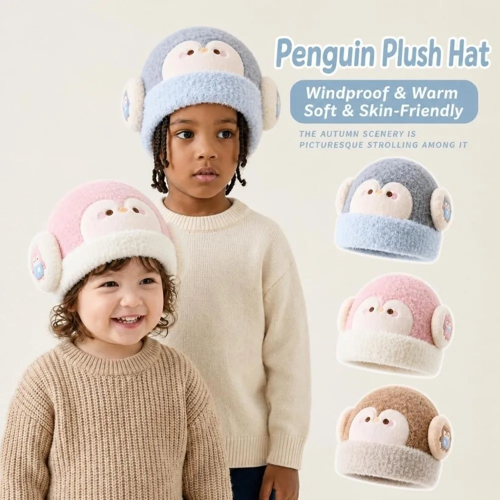 Cute Warm Winter Hat Toddler Cartoon Penguin Beanie Children Cold Weather Thick Knit Earflap Hat Outdoor