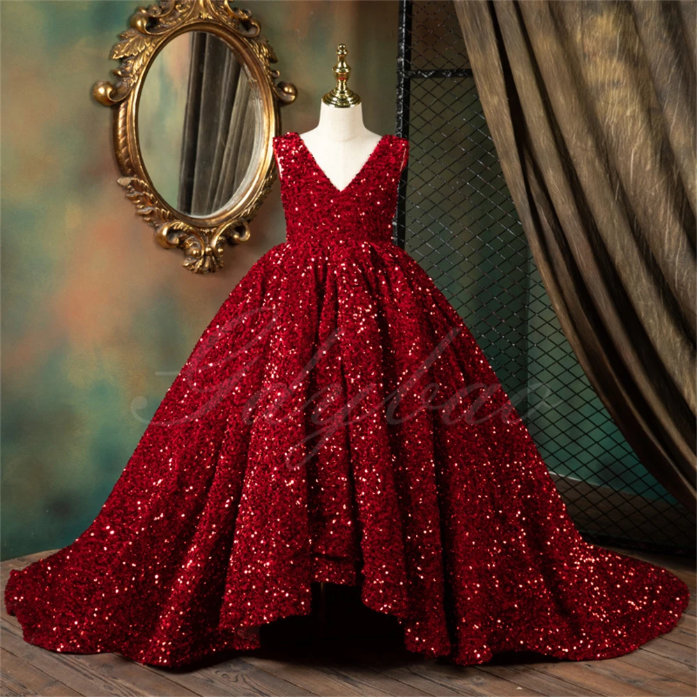 

Wine Red Sequin Flower Girl Pageant Mermaid Dresses Long Puffy Prom Formal Birthday Party Dress Luxury Evening Shining Ball Gown