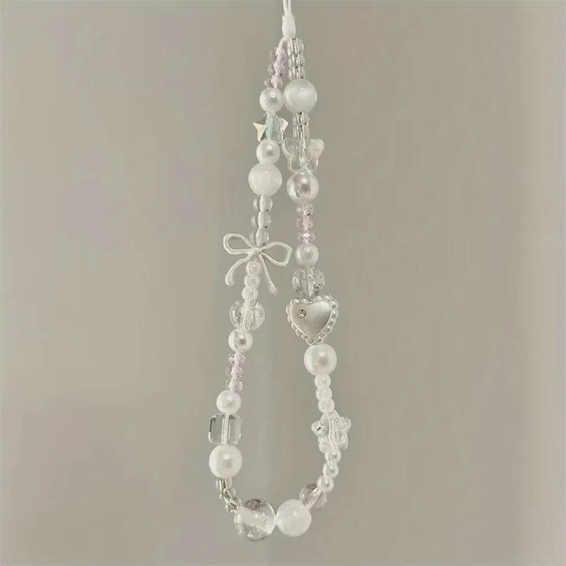 Korean Cute White Star Pearl Beads Phone Chain Trendy Pendant For iPhone Universal Accessories Lanyard Hanging Rope For Girl