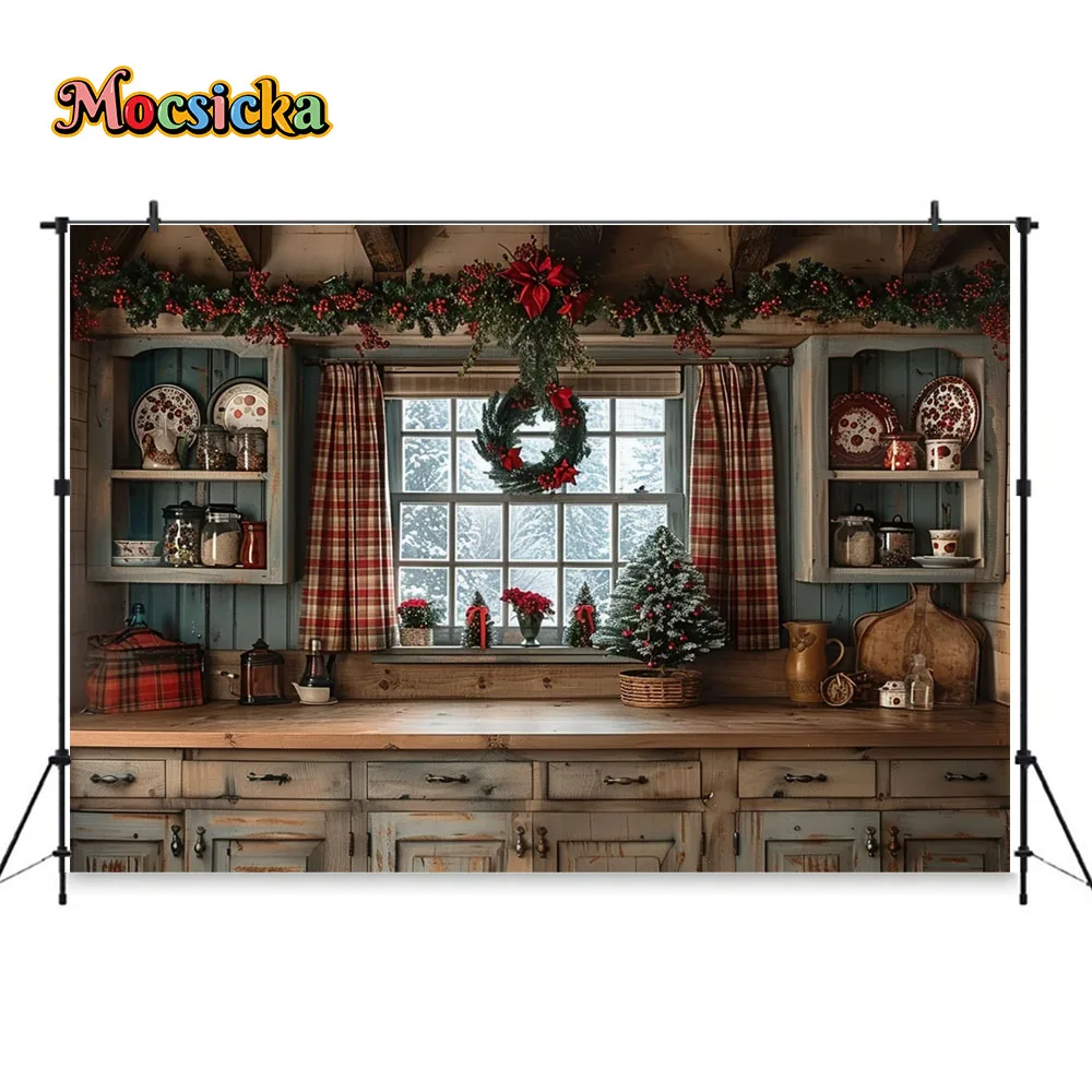 Rustic Christmas Kitchen Background Studio Photography Red Xmas Flowers Wreath Cupboard Backdrop Decor Winter Kids Family Photo