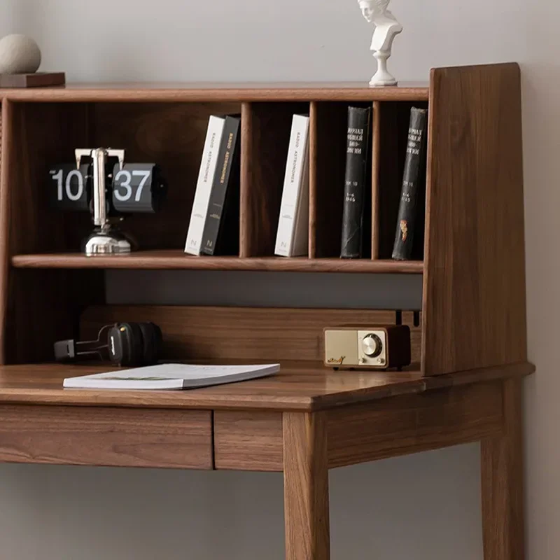 โต๊ะทำงานไม้เนื้อแข็งวอลนัทสีดำสไตล์นอร์ดิก ชั้นวางหนังสือไม้ซุงสไตล์ญี่ปุ่น โต๊ะทำงานสำนักงานแบบเรียบง่าย