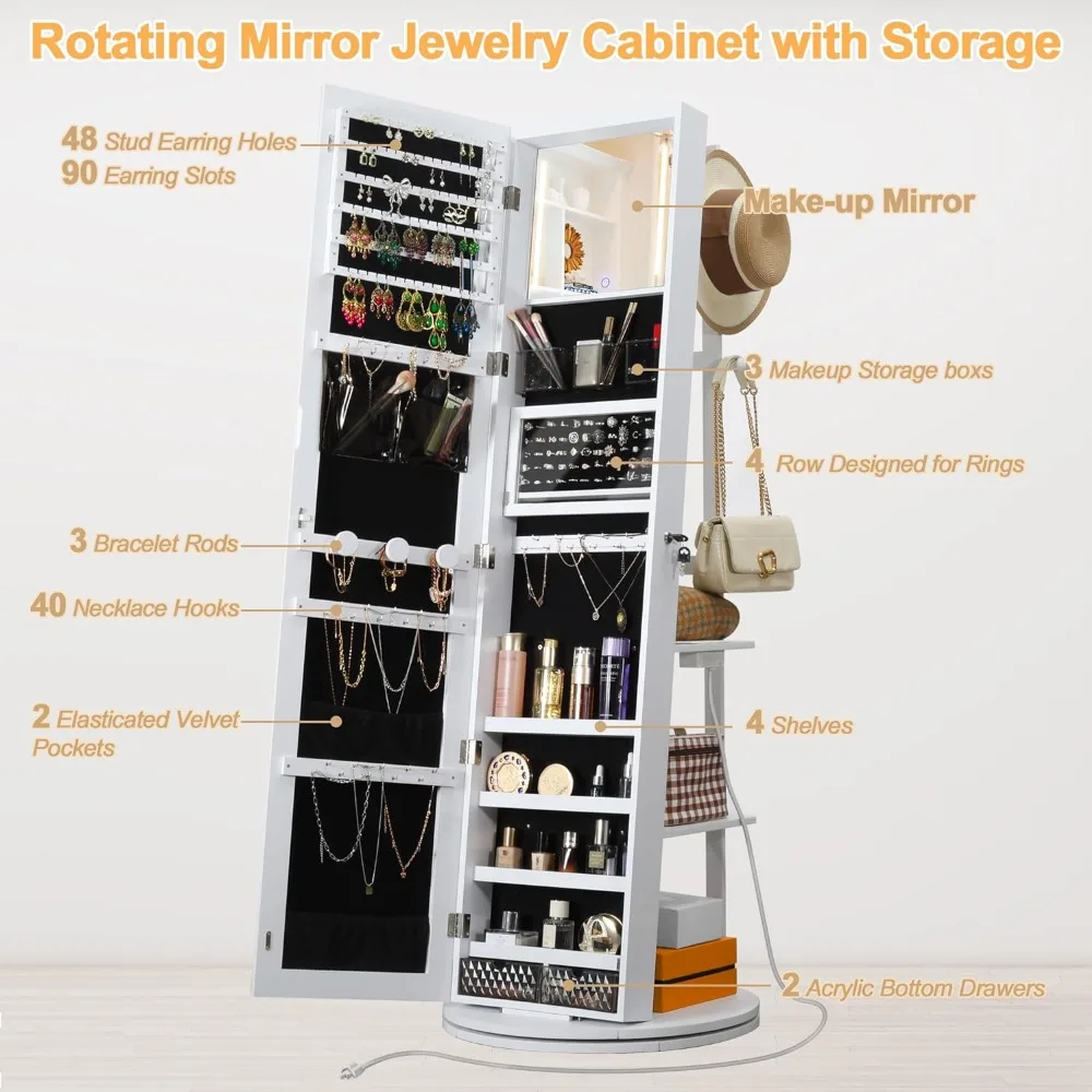 Swivel Mirrored Jewelry Cabinet with Full-Length Mirror and Power Outlet, Lockable Standing Jewelry Organizer with Rear Storage