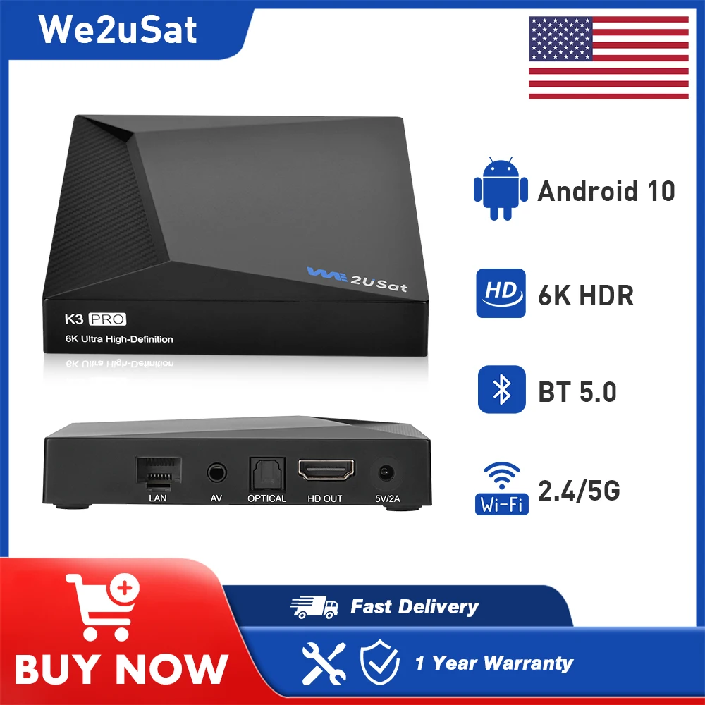 جهاز استقبال الأقمار الصناعية We2uSat K3 Pro 6K HDR Android 10.0 H.264/H.265 Smart TV BOX 2.4G/5G WIFI BT 5.0