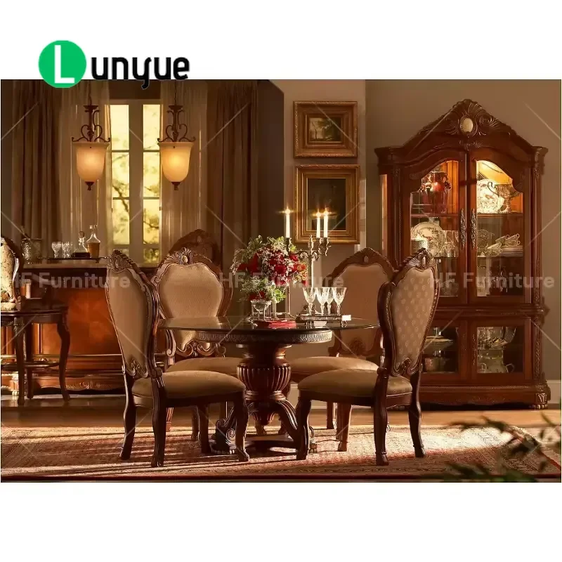 Retro Solid Wood Dining Table Set Royal European Style Hand Carved Luxury High Quality Kitchen Furniture