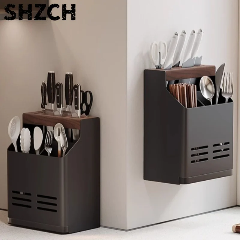 Walnut Knife Block & Utensil Holder All-in-One Countertop Organizer for Kitchen Tools Chopsticks Multi-Functional Storage