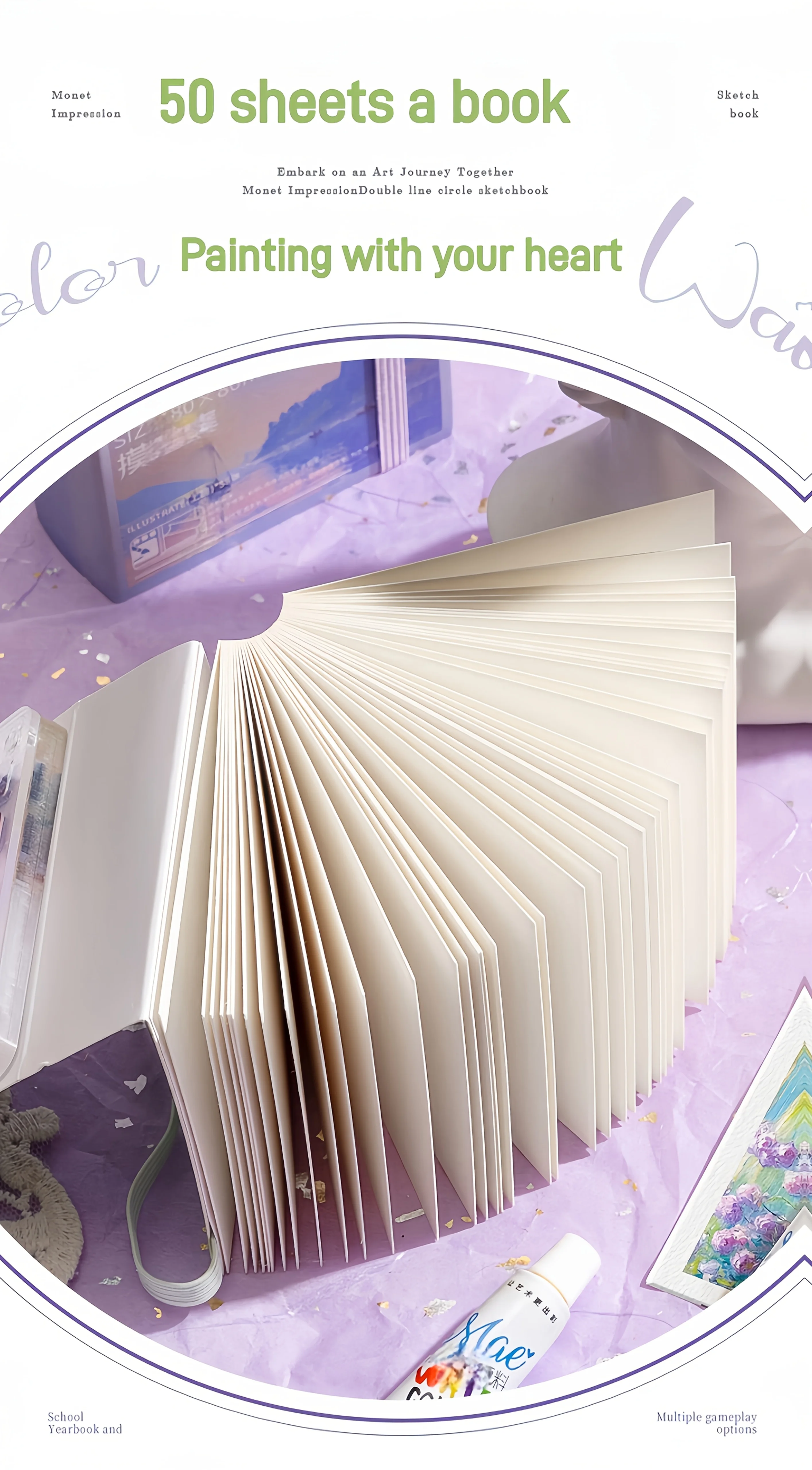 Tragbares Mini-Aquarell-Skizzenbuch mit Farbtablett – 50 Blatt, mitteldickes Papier, ideal für unterwegs (Farbe nicht im Lieferumfang enthalten) – Detail 3